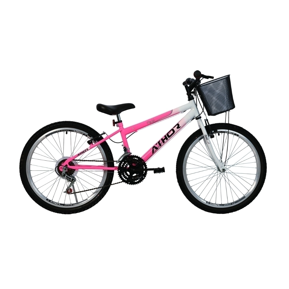 Bicicleta Athor Aro 24 Mtb Model 18V Feminina Rosa c/ Cesta